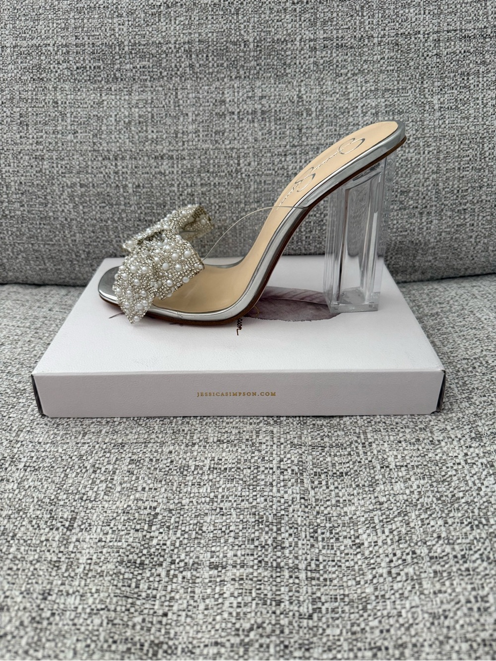 Jessica Simpson Pearl & Crystal Clear Block Heel Mule in Silver